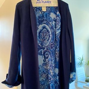 Chico’s cardigan sweater. Reversible in midnight blue.